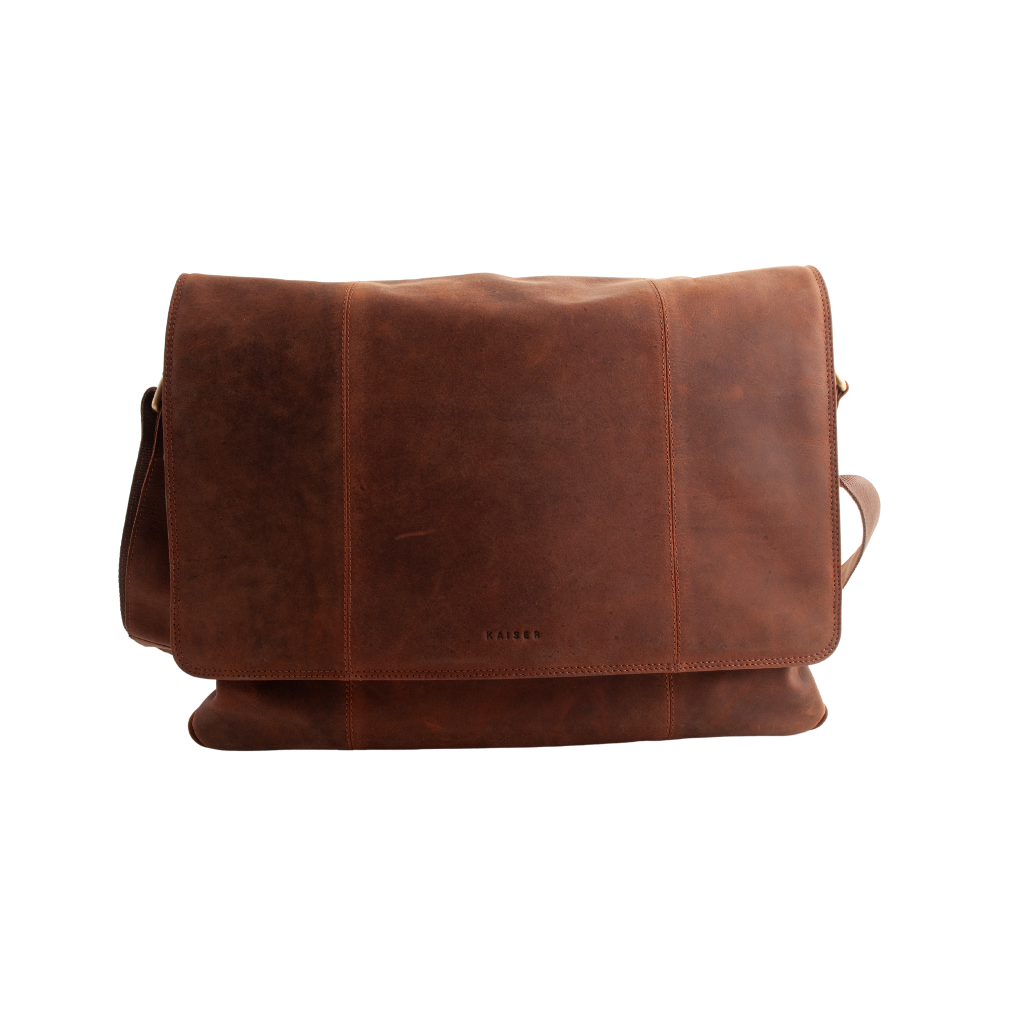 A brown leather satchel bag with a zipper closure and a shoulder strap.